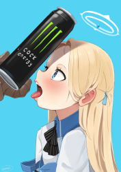 Rule 34 | 1girl, black bow, blonde hair, blouse, blue archive, blue background, blue eyes, blush, bow, bowtie, can, dark-skinned male, dark skin, drink can, from side, halo, highres, kion-kun, long hair, monster (drink), monster energy, open mouth, portrait, sexually suggestive, shirt, simple background, soda can, solo focus, sora (blue archive), teeth, tongue, tongue out, upper teeth only, white shirt