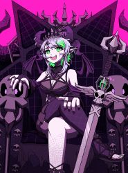 Rule 34 | 1girl, absurdres, apricot the lich, apricot the lich (1st costume), aqua eyes, aqua hair, bat wings, black nails, breasts, cleavage, cleavage cutout, clothing cutout, highres, jewelry, lich, medium breasts, nail polish, open mouth, potterzilla, purple background, single thighhigh, skeleton, sword, thighhighs, virtual youtuber, vshojo, weapon, wings