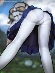 Rule 34 | 1girl, ass, ass focus, barbara (genshin impact), bent over, blonde hair, cameltoe, dress, drill hair, from behind, fupitoaster, genshin impact, hat, highres, leaning, leaning forward, long hair, panties, panties under pantyhose, pantyhose, pantylines, skirt, solo, twin drills, twintails, underwear, white pantyhose