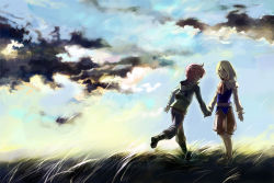 Rule 34 | 2boys, aqua background, asbel lhant, ascot, bad id, bad pixiv id, blonde hair, brown eyes, brown hair, cloud, cogiku, gradient background, grass, highres, male focus, multiple boys, nature, outdoors, plant, richard (tales), scenery, sky, tales of (series), tales of graces