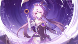 Rule 34 | 1girl, absurdres, bare shoulders, black dress, bridal gauntlets, closed mouth, constellation, detached sleeves, dress, earrings, forehead jewel, fu xuan (honkai: star rail), gloves, hair ornament, hair rings, hair stick, highres, honkai: star rail, honkai (series), jewelry, looking at viewer, low twintails, middle ring, parted bangs, pink hair, purple background, ring, shanchui nan, short sleeves, star (sky), tassel, tassel earrings, twintails, upper body, white gloves, white sleeves