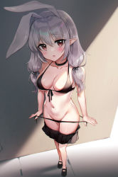 Rule 34 | 1girl, animal ears, black bra, black panties, black skirt, blush, bra, breasts, brown eyes, rabbit ears, choker, cleavage, clothes pull, convenient censoring, extra ears, groin, long hair, miniskirt, navel, original, panties, panty pull, picter, pointy ears, pulling own clothes, side-tie panties, silver hair, skirt, skirt pull, solo, thighs, twintails, underwear