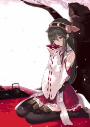 Rule 34 | 10s, 1girl, alcohol, bare shoulders, black hair, blush, boots, cherry blossoms, cup, detached sleeves, hairband, haruna (kancolle), japanese clothes, kantai collection, kauto, long hair, outdoors, petals, sakazuki, sake, sitting, solo, thigh boots, thighhighs, tree, tree shade, under tree, wariza