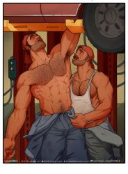 Rule 34 | 2boys, 4nt 0n3, abs, adam&#039;s apple, arm up, armpit hair, armpits, backwards hat, bara, baseball cap, beard stubble, blush, car, couple, cowboy shot, dark-skinned male, dark skin, facial hair, foreplay, groin, hairy, hat, jumpsuit, large pectorals, looking at another, male focus, mature male, mechanic, medium sideburns, midriff peek, motor vehicle, multiple boys, muscular, muscular male, navel, navel hair, nipples, original, pectorals, standing, stomach, stubble, sweat, tank top, thick arm hair, thick chest hair, thick eyebrows, thick navel hair, tongue, tongue out, topless male, white tank top, wrench, yaoi