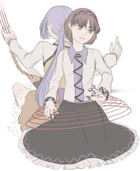 Rule 34 | 2girls, back-to-back, biwa lute, brown hair, chain, dress, hairband, instrument, light purple hair, long hair, long sleeves, looking to the side, low twintails, lute (instrument), mefomefo, multiple girls, music, playing instrument, ribbon, sash, shirt, short hair, simple background, skirt, touhou, tsukumo benben, tsukumo yatsuhashi, twintails, white background