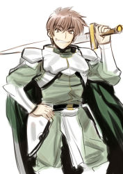 Rule 34 | 1boy, arm guards, armor, boots, breastplate, brown eyes, brown hair, cape, grin, hand on own hip, loincloth, male focus, orion (orionproject), over shoulder, pauldrons, rance, rance (series), shoulder armor, smile, solo, sword, weapon, weapon over shoulder