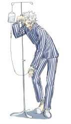 Rule 34 | 1boy, bandaid, bandaid on face, bandaid on forehead, blue eyes, collared shirt, full body, highres, intravenous drip, iv stand, kanou aogu, long sleeves, male focus, open mouth, pajamas, pants, qingjiaojianmiebot, saibou shinkyoku, shirt, short hair, simple background, slippers, smile, solo, striped clothes, striped pajamas, striped shirt, vertical-striped clothes, vertical-striped shirt, white background, white footwear, white hair, white pants, white shirt