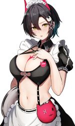 Rule 34 | 1girl, absurdres, apron, azur lane, bikini, black hair, breast strap, breasts, cat hair ornament, hair between eyes, hair ornament, highres, horns, large breasts, looking at viewer, maid, maid bikini, maid headdress, mechanical horns, muginomaru, navel, o-ring, o-ring top, official alternate costume, red horns, short hair, short sleeves, simple background, solo, stomach, swimsuit, ulrich von hutten (azur lane), ulrich von hutten (mayhem maid) (azur lane), unconventional maid, upper body, white apron, white background, yellow eyes