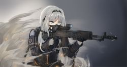 Rule 34 | 1girl, an-94, an-94 (girls&#039; frontline), armband, assault rifle, black gloves, blue eyes, clov3r, gas mask, girls&#039; frontline, gloves, gun, hairband, highres, holding, holding gun, holding weapon, kalashnikov rifle, long sleeves, mask, rifle, scope, silver hair, solo, tactical clothes, weapon