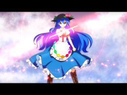Rule 34 | &gt;:), 1girl, anime coloring, blue hair, blush, boots, cato (monocatienus), clenched hand, double-blade, dress, evil smile, food, food on head, fruit, fruit on head, hat, hinanawi tenshi, layered dress, letterboxed, long hair, looking at viewer, object on head, peach, red eyes, smile, smirk, solo, sword of hisou, touhou, v-shaped eyebrows, very long hair
