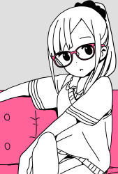 Rule 34 | 1girl, :o, bespectacled, bow, bowtie, commentary request, couch, crossed legs, dot nose, glasses, grey background, hair ornament, hair scrunchie, highres, hitoribocchi no marumaru seikatsu, honshou aru, katsuwo (cr66g), long hair, looking at viewer, partially colored, pink-framed eyewear, pink theme, pleated skirt, ponytail, school uniform, scrunchie, shirt, short sleeves, simple background, sitting, skirt, solo, sweater vest