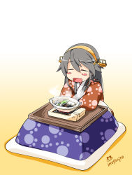 Rule 34 | 10s, 1girl, = =, blush stickers, green hair, hairband, haruna (kancolle), highres, imu sanjo, japanese clothes, kantai collection, kotatsu, long hair, nabe, open mouth, sitting, smile, solo, stove, table