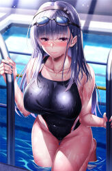 Rule 34 | 1girl, alternate costume, azur lane, bare shoulders, blue hair, blunt bangs, blush, breasts, collarbone, commentary request, commission, competition swimsuit, covered navel, dido (azur lane), fingernails, goggles, goggles on head, hairband, highres, large breasts, lips, long hair, one-piece swimsuit, pool ladder, poolside, skeb commission, solo, swimsuit, thighs, water, wet, yuuzuki hijiri