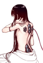 Rule 34 | 1girl, back, black hair, cable, from behind, hand up, kangetsu (fhalei), long hair, looking at viewer, looking back, mechanical parts, original, red eyes, simple background, sitting, solo, topless, very long hair, white background