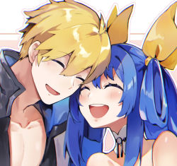 Rule 34 | 1boy, 1girl, ^ ^, blonde hair, blue hair, blush, choker, close-up, closed eyes, collarbone, couple, detached collar, dizzy (guilty gear), face-to-face, guilty gear, hair ribbon, hair rings, hetero, husband and wife, ky kiske, ribbon, rirene rn, smile, yellow ribbon