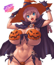 Rule 34 | 1girl, amania orz, bare shoulders, bikini, bikini under clothes, black cape, blue eyes, blush, breasts, cape, cleavage, collarbone, curvy, eyebrows hidden by hair, hair between eyes, halloween, hat, highres, huge breasts, linea alba, long hair, looking at viewer, navel, open mouth, original, pink hair, simple background, skindentation, smile, solo, swimsuit, thighs, twitter username, underwear, wide hips, witch, witch hat