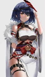 Rule 34 | 1girl, absurdres, arm behind back, bare shoulders, belt, bird mask, black belt, blue hair, bow, breasts, cape, closed mouth, clothing cutout, cowboy shot, dark blue hair, detached sleeves, fur-trimmed cape, fur trim, garter straps, genshin impact, grey background, hand up, highres, kujou sara, looking at viewer, mask, mask on head, medium breasts, obi, raiya atelier, red bow, sash, short hair, side slit, simple background, solo, tassel, thigh strap, thighs, turtleneck, white fur, wide sleeves, yellow eyes