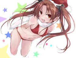 Rule 34 | 10s, 1girl, arms behind back, bikini, breasts, brown eyes, brown hair, christmas, cowboy shot, cropped legs, girls und panzer, hair ribbon, hat, kadotani anzu, leaning forward, long hair, looking at viewer, matching hair/eyes, multicolored background, open mouth, parted bangs, red bikini, red hat, ribbon, santa costume, santa hat, small breasts, smile, solo, standing, star (symbol), starry background, string bikini, swimsuit, twintails, yumesato makura