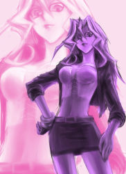 Rule 34 | 1girl, belt, bracelet, breasts, bustier, cleavage, faux traditional media, hand on own hip, jacket, jewelry, kujaku mai, lb2 take, long hair, looking at viewer, looking down, miniskirt, monochrome, pink background, pink theme, purple theme, skirt, sleeves rolled up, solo, yu-gi-oh!, yuu-gi-ou, yu-gi-oh! duel monsters, zoom layer