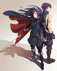 Rule 34 | 1boy, 1girl, back-to-back, blue hair, cape, chrom (fire emblem), father and daughter, fire emblem, fire emblem awakening, highres, lucina (fire emblem), nintendo, red aphelion, shoulder pads, simple background, sleeveless, sword, weapon