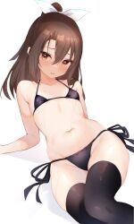 Rule 34 | 1girl, alternate costume, bikini, black bikini, black thighhighs, breasts, brown eyes, brown hair, feet out of frame, highres, kantai collection, long hair, lying, ponytail, side-tie bikini bottom, simple background, small breasts, solo, swimsuit, thighhighs, white background, zarashi, zuihou (kancolle)