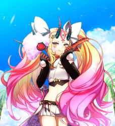 Rule 34 | 1girl, big hair, black gloves, blonde hair, blue sky, bow, candy apple, cloud, cotton candy, crop top, day, elbow gloves, facial mark, fang, fate/grand order, fate (series), fingerless gloves, food, forehead mark, gloves, gradient hair, hair bow, highres, horns, hot dog, ibaraki douji (fate), ibaraki douji (fate/grand order), ibaraki douji (swimsuit lancer) (fate), ibaraki douji (swimsuit lancer) (third ascension) (fate), isagiyo, long hair, looking at viewer, multicolored hair, navel, oni, oni horns, outdoors, palm tree, pink hair, pom pom (clothes), short shorts, shorts, sky, smile, solo, tree, two-tone hair, very long hair, yellow eyes