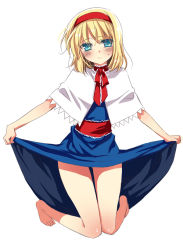 Rule 34 | 1girl, alice margatroid, bad id, bad pixiv id, barefoot, blonde hair, blue eyes, blush, clothes lift, curtsey, feet, female focus, hairband, manle, red ribbon, ribbon, short hair, skirt, skirt lift, solo, thighs, touhou