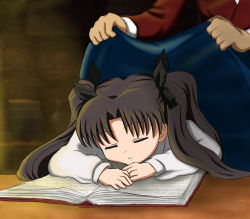 Rule 34 | 1girl, blanket, book, bow, brown hair, colorized, covering privates, covering with blanket, drawfag, closed eyes, fate/stay night, fate/zero, fate (series), father and daughter, hair bow, head out of frame, open book, sleeping, tohsaka rin, tohsaka tokiomi, twintails, unfinished, aged down