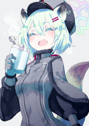 Rule 34 | 1girl, animal ears, blue archive, capelet, closed eyes, flask, fur-trimmed capelet, fur trim, gloves, green hair, grey capelet, grey gloves, grey headwear, hair between eyes, hair ornament, hairclip, halo, highres, hip flask, holding, holding flask, light blush, long sleeves, mishima hiroji, open mouth, shigure (blue archive), short hair, simple background, smile, solo, tail, two-tone gloves, upper body, white background