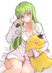 Rule 34 | 1girl, bed sheet, breasts, c.c., cheese-kun, cleavage, code geass, creayus, crying, crying with eyes open, green hair, hat, long hair, shirt, simple background, sitting, solo, tears, white background, yellow eyes