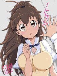 Rule 34 | 1girl, apron, blush, bowieknife, breasts, brown eyes, brown hair, collared shirt, jpeg artifacts, large breasts, long hair, looking at viewer, open mouth, ponytail, pov, shirt, signature, solo focus, taneshima popura, upper body, waitress, kabedon, working!!