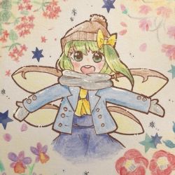 Rule 34 | 1girl, :d, blue coat, coat, daiyousei, fairy wings, green hair, grey scarf, hat, jacket, mittens, open mouth, ponytail, ribbon, salt (seasoning), scarf, smile, touhou, traditional media, watercolor pencil (medium), wings, winter clothes, winter coat, yellow ribbon
