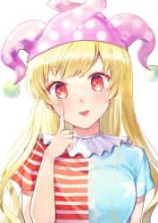Rule 34 | 1girl, american flag print, american flag shirt, blonde hair, blue shirt, blush, breasts, closed mouth, clownpiece, hand on own face, hand up, hat, highres, jester cap, kaede (mmkeyy), long hair, looking at viewer, medium breasts, multicolored clothes, multicolored shirt, polka dot, print shirt, purple hat, red eyes, red shirt, shirt, short sleeves, simple background, solo, star (symbol), star print, striped clothes, striped shirt, tongue, tongue out, touhou, upper body, white background, white shirt