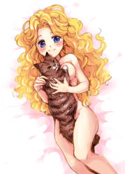 Rule 34 | 1girl, bad id, bad pixiv id, blonde hair, blue eyes, blush, cat, censored, convenient censoring, curly hair, long hair, lying, mojacookie, nude, on back, smile, solo