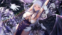 Rule 34 | 1girl, armpits, arms up, artist name, azur lane, black wings, blush, breasts, cleavage, criss-cross halter, dido (anxious bisque doll) (azur lane), dido (azur lane), disembodied hand, dress, feathered wings, feathers, hairband, halter dress, halterneck, hands on another&#039;s thigh, headband, kitsune-neko, large breasts, large wings, long dress, long hair, looking at viewer, multiple hands, pink eyes, pixiv username, purple dress, purple hair, purple hairband, purple headband, skindentation, wings