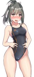Rule 34 | 1girl, absurdres, aiuti, alternate costume, black one-piece swimsuit, blush, breasts, brown eyes, competition swimsuit, covered navel, cowboy shot, green hair, hands on own stomach, highleg, highleg swimsuit, highres, kantai collection, looking at viewer, nose blush, one-piece swimsuit, open mouth, ponytail, simple background, small breasts, solo, spread navel, standing, swimsuit, white background, yuubari (kancolle), yuubari kai ni (kancolle)