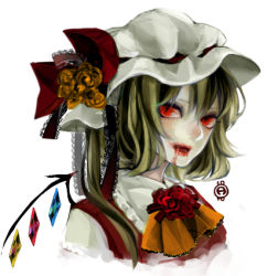 Rule 34 | 1girl, ascot, blonde hair, blood, female focus, flandre scarlet, hat, lips, lipstick, loalo, lowres, makeup, red eyes, solo, touhou, upper body, wings