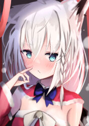 Rule 34 | 1girl, ahoge, animal ears, blurry, blurry background, blush, braid, capelet, commentary request, dress, earrings, exrazeaednh, fox ears, fox girl, green eyes, hair between eyes, highres, hololive, jewelry, long hair, looking at viewer, red capelet, red dress, shirakami fubuki, sidelocks, single braid, solo, virtual youtuber, wavy mouth, white hair