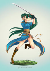 Rule 34 | 1girl, artist name, boots, dress, fingerless gloves, fire emblem, fire emblem: the blazing blade, full body, gloves, gradient background, green eyes, green hair, gzei, high ponytail, highres, holding, holding sword, holding weapon, katana, long hair, lyn (fire emblem), matching hair/eyes, nintendo, obi, pelvic curtain, ponytail, sash, scabbard, scrunchie, serious, sheath, side slit, solo, standing, standing on one leg, sword, unsheathed, very long hair, watermark, weapon