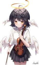 Rule 34 | 1girl, absurdres, ahoge, angel, angel wings, black hair, black skirt, bow (music), collared shirt, commentary, cowboy shot, facial mark, feathered wings, halo, highres, holding, holding bow (music), holding instrument, instrument, looking at viewer, medium hair, original, pleated skirt, shirt, short sleeves, simple background, skirt, smile, solo, symbol-only commentary, unwoo770122, violin, white background, white shirt, white wings, wing ears, wings, yellow eyes