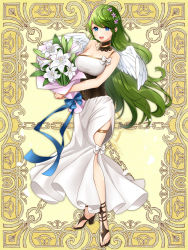 Rule 34 | 1girl, :d, angel wings, blue eyes, blue ribbon, bouquet, breasts, dress, flower, full body, green hair, hair flower, hair ornament, haritoyomimasu, holding, holding bouquet, kerberos blade, large breasts, lily (flower), long hair, open mouth, ribbon, sandals, simple background, smile, solo, thigh strap, very long hair, white dress, white wings, wings, yellow background