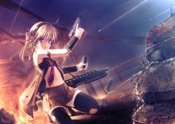 Rule 34 | 1girl, aruciii, bad id, bad pixiv id, bandaged arm, bandages, barbed wire, bare shoulders, black jacket, black thighhighs, blonde hair, boots, breasts, brown footwear, brown skirt, commentary request, copyright request, dutch angle, ear protection, gun, handgun, holding, holding gun, holding magazine, holding magazine (weapon), holding weapon, jacket, kneeling, long hair, magazine (object), magazine (weapon), navel, necktie, outdoors, plaid, plaid skirt, pleated skirt, pump action, purple eyes, red necktie, remington 870, rust, shotgun, side ponytail, sidelocks, skirt, sleeveless, sleeveless jacket, small breasts, solo, thighhighs, torn clothes, torn thighhighs, twintails, weapon, weapon request, wrist cuffs