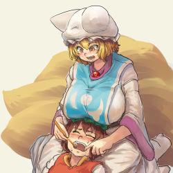 Rule 34 | 2girls, :d, blonde hair, breast rest, breasts, breasts on head, brown eyes, brushing teeth, chanta (ayatakaoisii), chen, fox tail, hat, huge breasts, multiple girls, multiple tails, open mouth, short hair, simple background, smile, tail, thighs, toothbrush, touhou, yakumo ran
