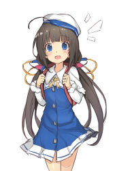 Rule 34 | 10s, 1girl, 3.14, :d, ahoge, backpack, bag, beret, blue dress, blue eyes, blunt bangs, brown hair, cowboy shot, dress, hat, hinatsuru ai, long hair, long sleeves, looking at viewer, low twintails, open mouth, randoseru, ryuuou no oshigoto!, school uniform, simple background, smile, solo, tareme, twintails, very long hair, white background