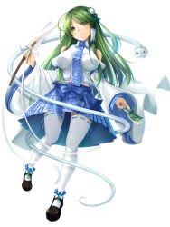 Rule 34 | 1girl, absurdres, bare shoulders, between fingers, blue bow, blue necktie, blue skirt, bow, breasts, full body, gohei, green eyes, green hair, green nails, highres, holding, holding stick, kochiya sanae, large breasts, long hair, looking to the side, midriff peek, nail polish, necktie, seiya (iiseven), shirt, simple background, skirt, solo, stick, thighhighs, touhou, very long hair, white background, white shirt, white thighhighs, wing collar