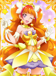 Rule 34 | 1girl, amanogawa kirara, blunt bangs, boots, cowboy shot, cure twinkle, detached collar, dress, earrings, gloves, go! princess precure, hair ornament, hair scrunchie, hanzou, highres, index finger raised, jewelry, long hair, looking at viewer, low-tied long hair, magical girl, one eye closed, open mouth, orange hair, precure, purple eyes, scrunchie, short dress, smile, solo, standing, star (symbol), star earrings, strapless, strapless dress, thigh boots, tiara, twintails, very long hair, white gloves, yellow collar, yellow dress, yellow footwear, yellow scrunchie