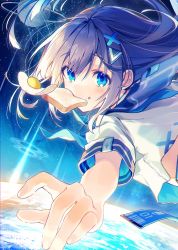Rule 34 | 1girl, blue eyes, bread, egg (food), food, food on face, fried egg, hair ornament, highres, looking at viewer, mouth hold, original, oshioshio, planet, sailor collar, sailor shirt, shirt, silver hair, solo, space, star (sky), triangle hair ornament, upper body, x hair ornament