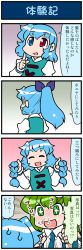 Rule 34 | + +, 2girls, 4koma, puff of air, alternate hairstyle, blue hair, blue vest, blush, braid, clenched hands, closed eyes, comic, commentary request, emphasis lines, gradient background, green eyes, green hair, hair ribbon, heterochromia, highres, index finger raised, juliet sleeves, kochiya sanae, long sleeves, mizuki hitoshi, multiple girls, nose blush, open mouth, ponytail, puffy sleeves, ribbon, sweatdrop, tatara kogasa, touhou, translation request, twin braids, vest