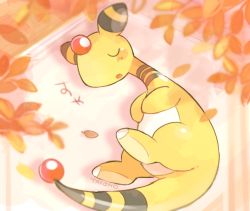 Rule 34 | ampharos, blush stickers, commentary request, creatures (company), closed eyes, from above, game freak, gen 2 pokemon, leaf, lying, nintendo, no humans, on side, pokemon, pokemon (creature), signature, sleeping, solo, tansho