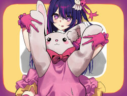 Rule 34 | 1girl, absurdres, boots, bow, commentary, double v, frilled gloves, frills, gloves, hair ornament, highres, hoshino ai (oshi no ko), idol, long hair, one side up, oshi no ko, pink bow, pink footwear, pink gloves, pink ribbon, purple eyes, purple hair, rabbit hair ornament, ribbon, sidelocks, star-shaped pupils, star (symbol), stuffed animal, stuffed rabbit, stuffed toy, syhan, symbol-shaped pupils, thigh boots, thighhighs, tongue, tongue out, v, zettai ryouiki